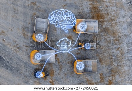 Top down mining fleet connected to central ai server visualization for autonomous vehicle coordination and fleet management banner background.