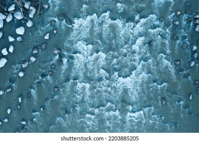 Top Down Picture Of The Red River Dam At Lemke Park In Fargo, North Dakota.