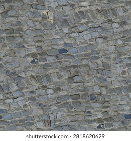 Top down seamless texture showing rustic grey stone cobblestone setts with uneven mortar joints in an old European style layout.