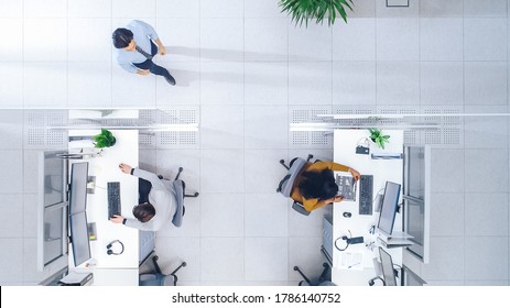 Top Down Shot of Big Busy Corporate Office with Two Rows off Businessmen and Businesswomen Working on Desktop Computers. Bright Open Space Office with Businesspeople and Salespeople