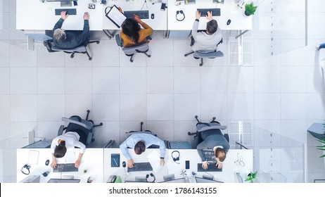 Top Down Shot Of Big Busy Corporate Office With Tow Rows Off Businessmen And Businesswomen Working On Desktop Computers. Bright Open Space Office With Businesspeople And Salespeople