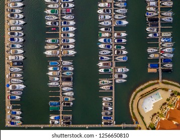 Top Down Shot Of Colorful Docked Boats, Lake Norman, NC