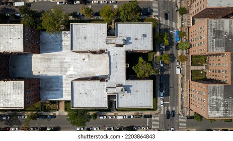 A Top Down Shot Directly Over Industrial Buildings And Apartments, Taken On A Sunny Day On In Brooklyn, NY.