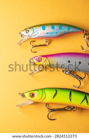 Top down shot of professional angling lures for predator fishing with treble hooks