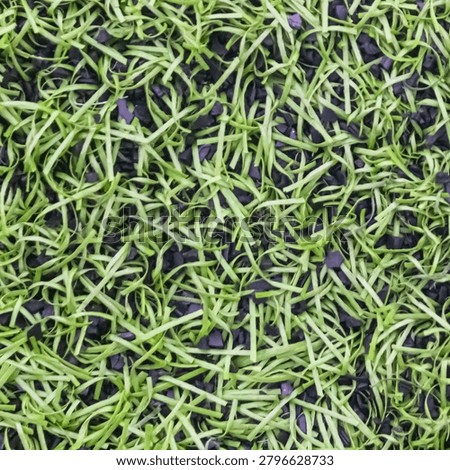 A top down view of artificial turf texture featuring green synthetic grass blades mixed with black rubber infill granules for sport fields