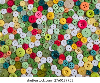 Top Down View of Assorted Colourful Buttons for Sewing and Craft Projects, Background Photo, Haberdashery Concept
