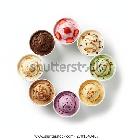 Top down view of assorted cups of ice cream isolated on white