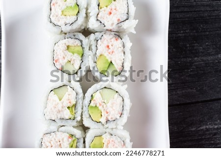 A top down view of a California roll. Stockfoto © 