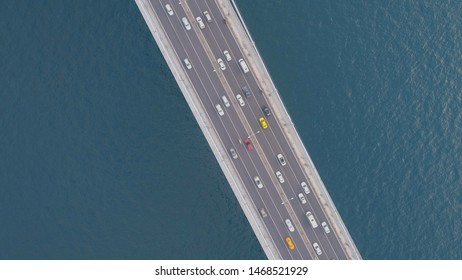 Top Down View Of Car Traffic On The Istanbul Bosphorus Bridge