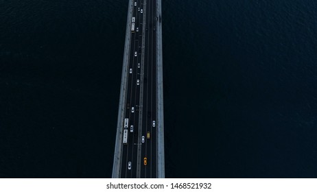 Top Down View Of Car Traffic On The Istanbul Bosphorus Bridge