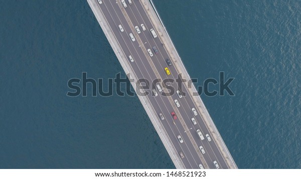 Top down view of car traffic on the Istanbul\
Bosphorus Bridge