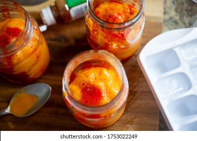 A Top Down View Of Chamango Drinks Inside Mason Jars, In A Kitchen Counter Setting.