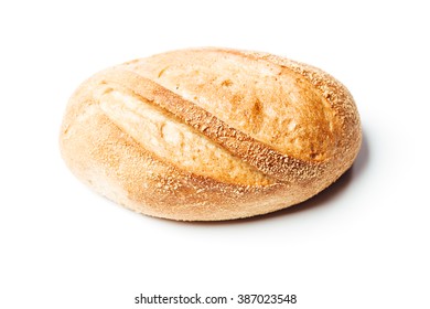 Top down view closeup on potato bread roll, isolated on white background.