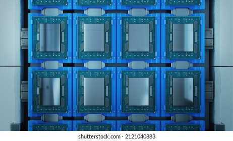 Top Down View Of Computer Processor Production Line At Advanced Semiconductor Foundry In Bright Environment. Microchip Factory.