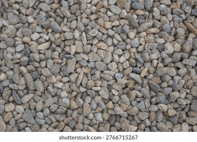 Top down view of a dense bed of smooth multi colored river pebbles and small gravel stones.