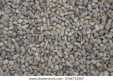 Top down view of a dense bed of smooth multi colored river pebbles and small gravel stones.