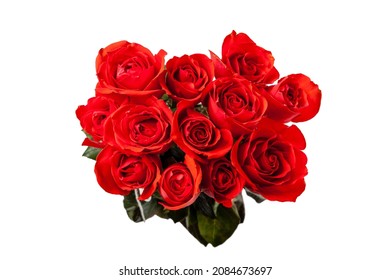 Top Down View Of A Dozen Red Roses Isolated On White Background.