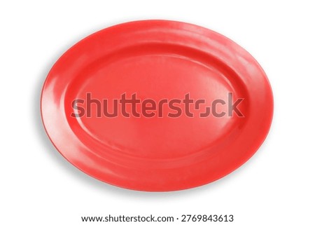 Top Down View of an Empty Bright Red Oval Melamine Platter on a White Background with Soft Shadow.