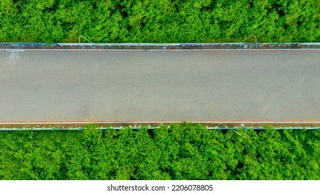 Top Down View Of Empty Road Surrounded Green Trees In Jakarta City, Indonesia