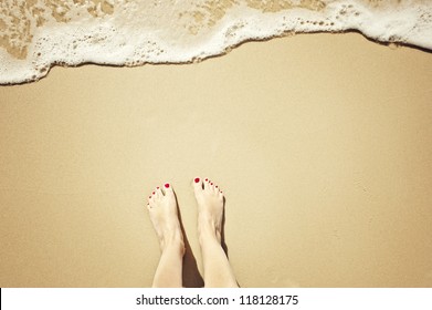 Top Down View Of Feet Waiting For A Wave To Come In, Oh The Anticipation! Copy Space Too.