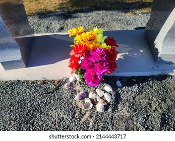 A Top Down View Of Flowers That Have Been Left Near A Bench Above A Pile Of Seashells.