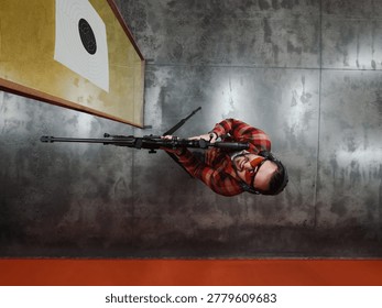 Top Down View of a Focused Marksman with Precision Sniper Rifle and Optical Sight Standing at Indoor Shooting Range.