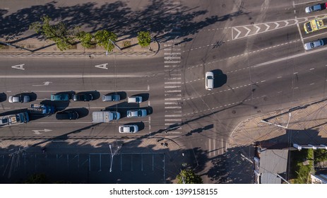 Top down View of freeway busy city traffic jam rush hour highway.