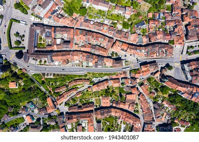 Top down view of Fribourg old town with various landmark such as the town hall and the funicular in Switzerland - Shutterstock ID 1943401087