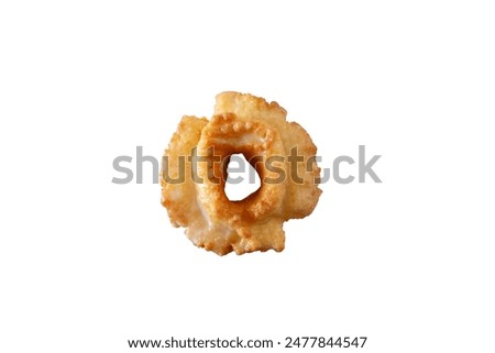A top down view of a glazed old-fashioned donut, against a white background.