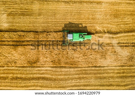 Similar – A combine harvester is harvesting grain crops on a cornfield in the evening sun seen from above