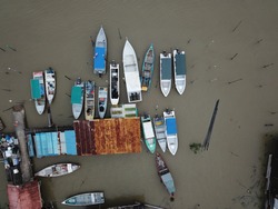 Top View of the traditional wooden boats at the harbour in Malaysia ...