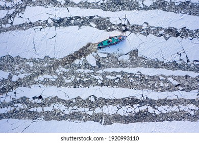 Top Down View Of Icebreakers Breaking Ice On Vistula River, Poland, 2020-02-18, Aerial View