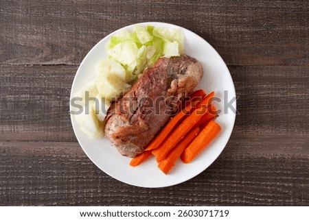 A top down view of an Irish corned beef entree.