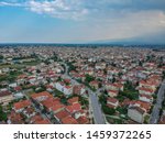 Top down view of Katerini city, Greece at sunset. Aeial panorama in Pieria, Macedonia, Greece