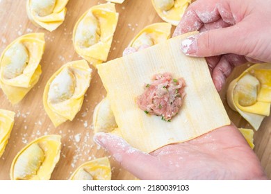 Top Down View Of Making Wonton And Rows Of Wontons In The Background