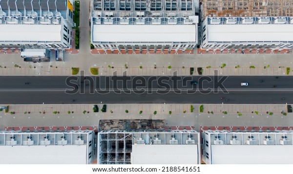 Top down view of modern shop houses in the\
Kelapa Gading at Jakarta,\
Indonesia