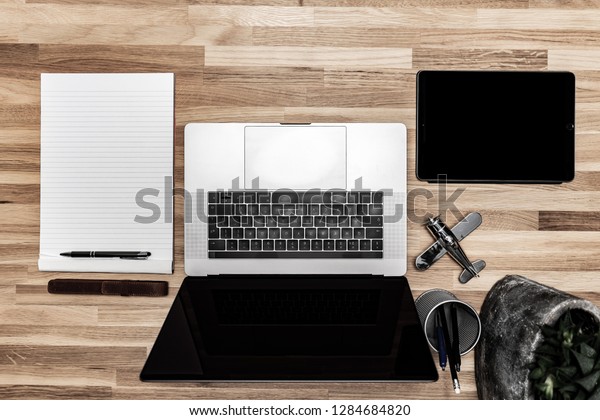 Top Down View On Desk Laptop Stock Photo Edit Now 1284684820