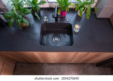 Top Down View On A Modern Kitchen Sink Surrounded With Leafy Green Plants On Stone Countertops Above Wooden Fitted Cabinets