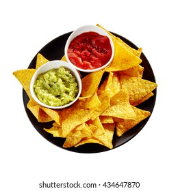 Top Down View On Round Isolated Plate Of Nachos, Salsa And Guacamole Over White Background