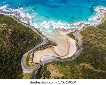 Top Down View On Winding Road Along The Coast, Great Ocean Road, Australia