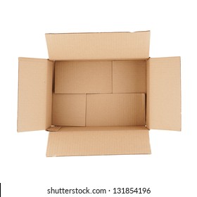 Top Down View Of Open Empty Cardboard Box Isolated On White