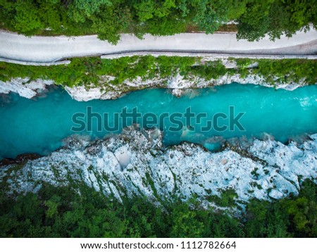 top down view over Soca river in Slovenia Triglav Park.