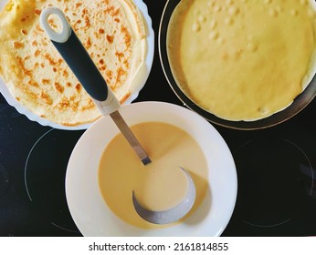 Top Down View Pattern Of Pancakes Making.