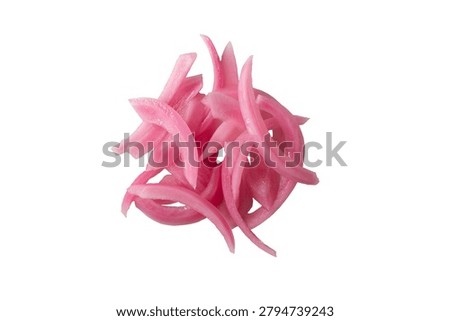 A top down view of a pile of pickled red onions, against a white background.