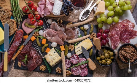 Top Down View Of A Platter Of Cured Meat (charcuterie), Ham, Salami, Pate And Cheese