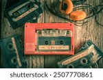 Top down view of retro and old audio cassette with portable player and headphones