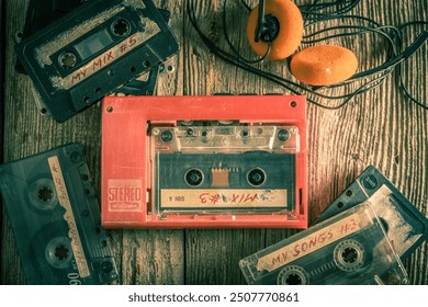 Top down view of retro and old audio cassette with portable player and headphones