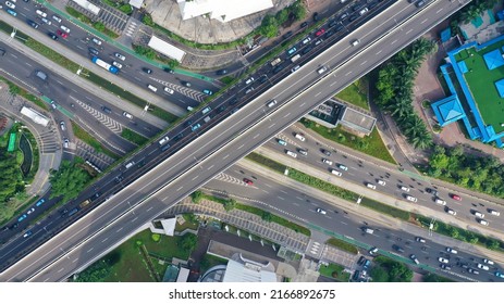 Top Down View Of Road Traffic In The Heart Of Jakarta Business District Along The Sudirman Avenue In Indonesia Capital City In Southeast Asia