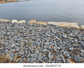 A top down view of a rocky section along a shoreline.