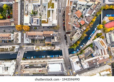 Top Down View Of The Schanzengraben Canal In The Heart Of The Zurich Business And Financial District In Switzeralnd Largest City